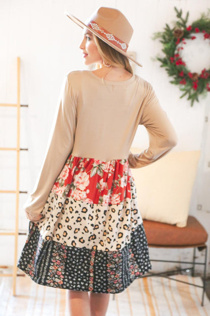 Taupe Floral Leopard Tiered Dress With Pockets - Lavender Latte Boutique