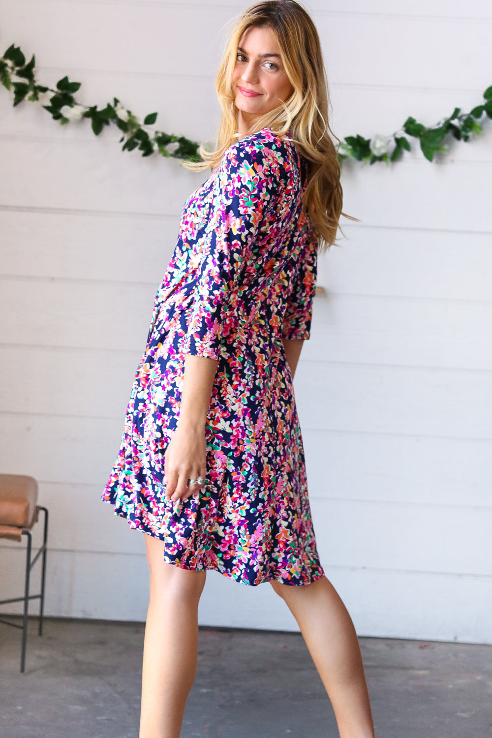 Navy Floral 3/4 Sleeve Flare Dress