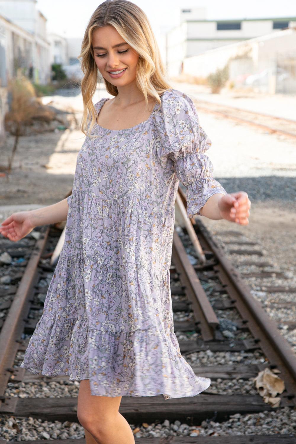 Lilac Floral Square Neck Puff Sleeve Tiered Dress - Lavender Latte Boutique