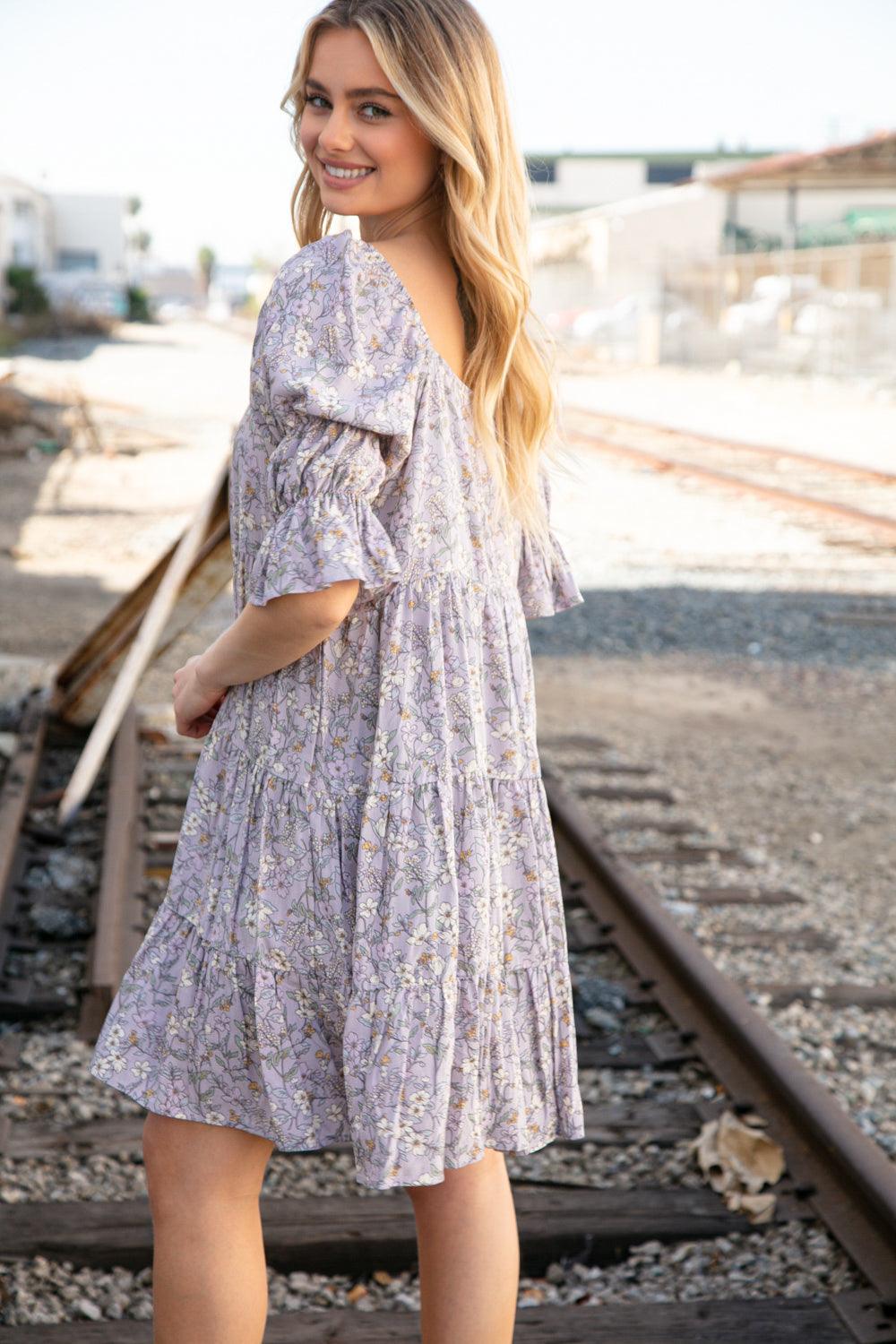 FINAL SALE - Lilac Floral Square Neck Puff Sleeve Tiered Dress