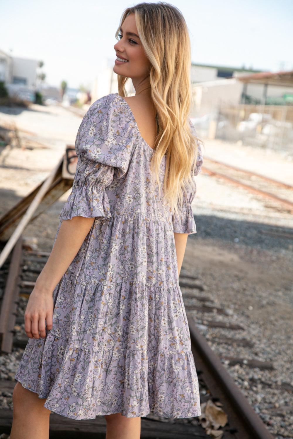 Lilac Floral Square Neck Puff Sleeve Tiered Dress - Lavender Latte Boutique