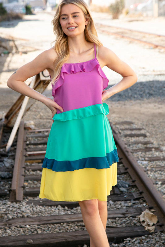 Purple Seafoam Color Block Tiered Ruffle Dress - Lavender Latte Boutique