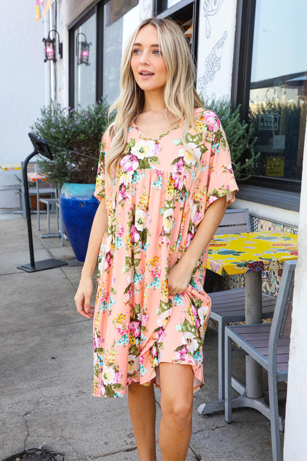 Peach Floral Drop Shoulder Ruffle Dress - Lavender Latte Boutique