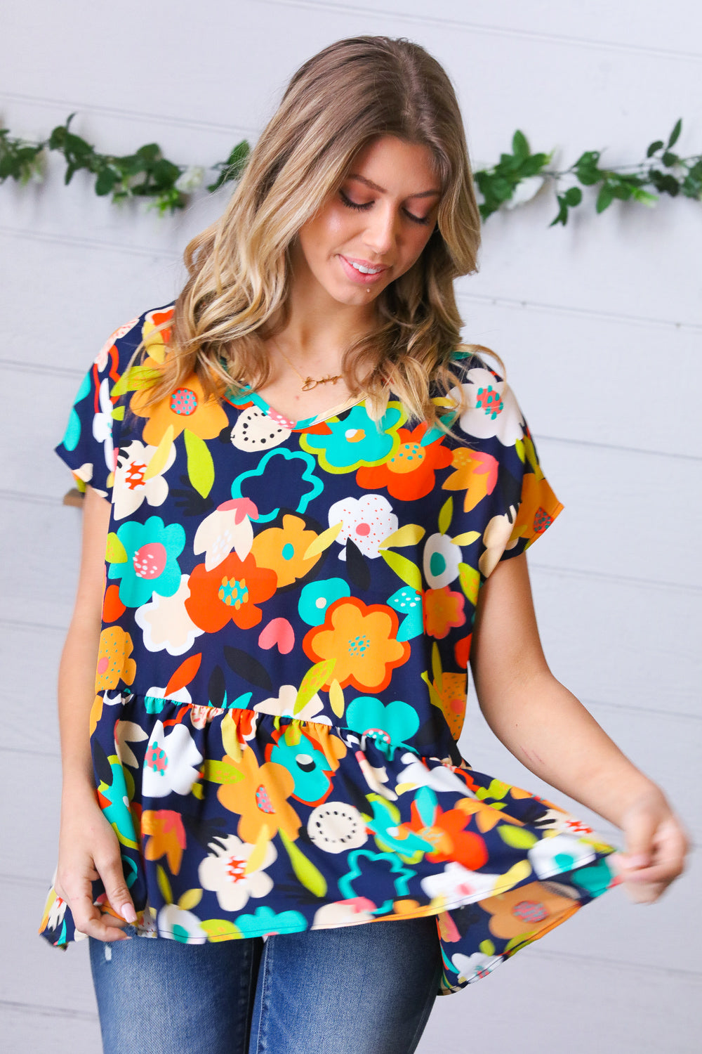 Navy Floral V Neck Relaxed Ruffle Blouse Top