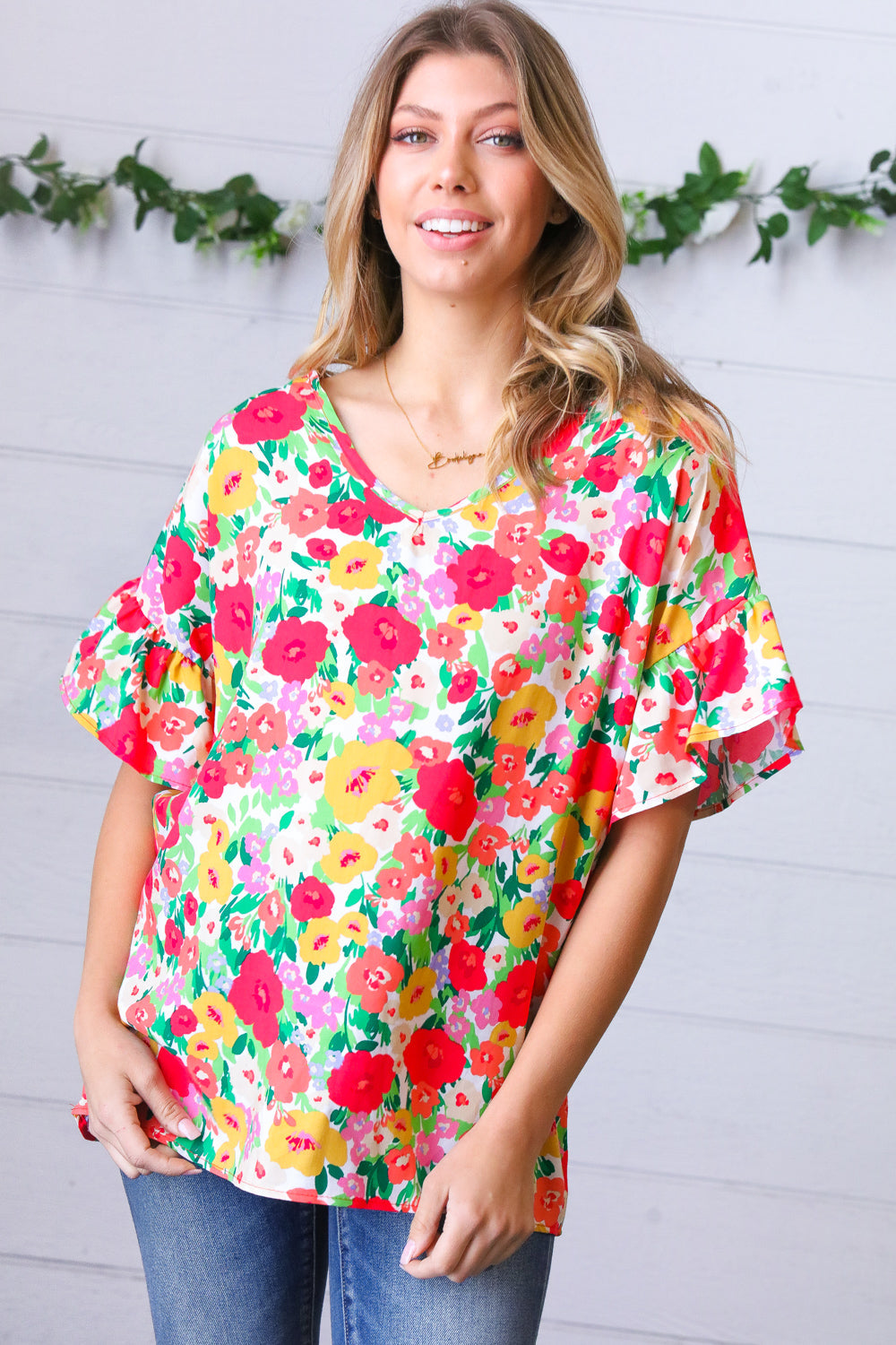 Red Floral Ruffle Sleeve V Neck Dolman Blouse
