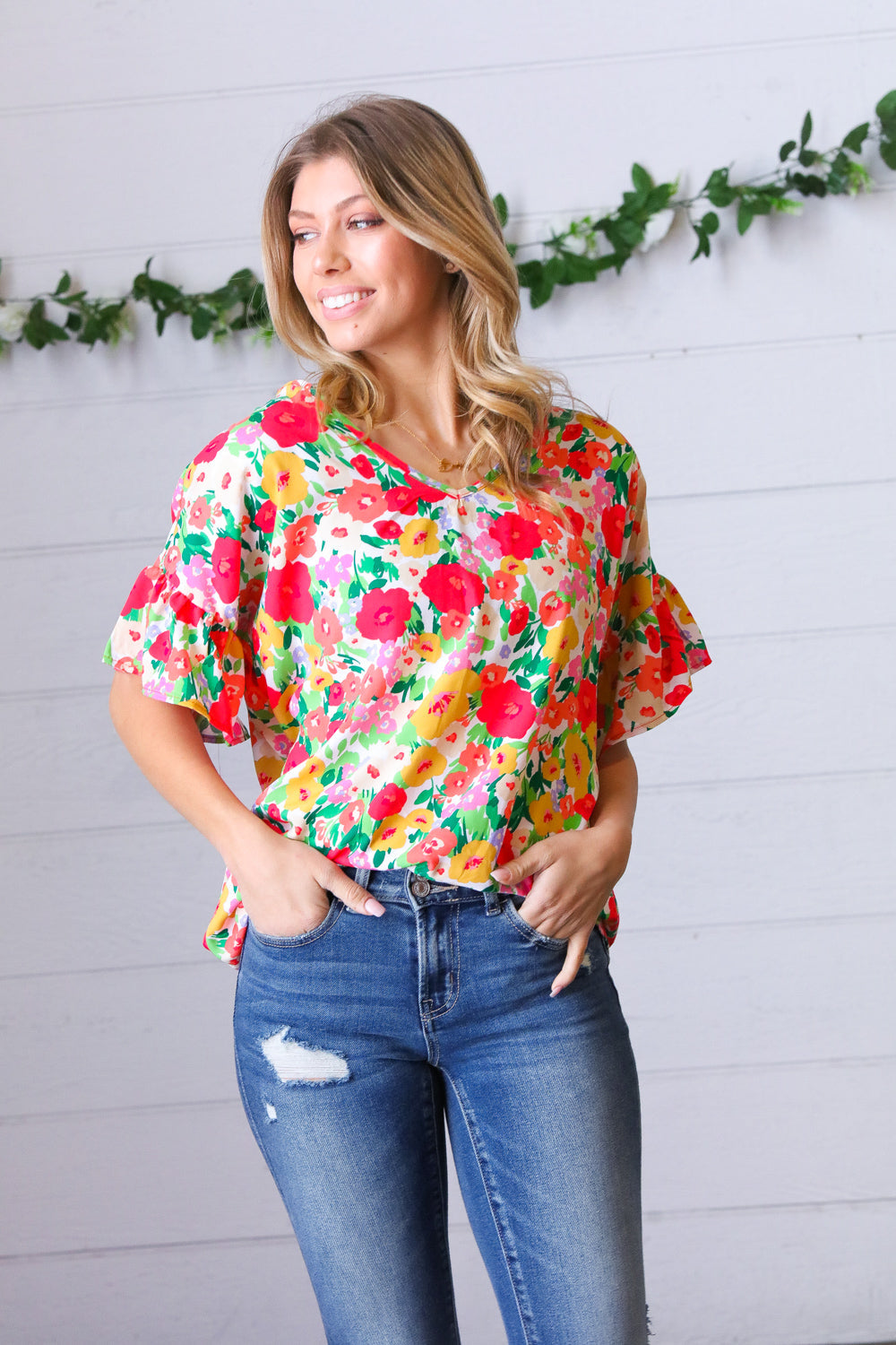 Red Floral Ruffle Sleeve V Neck Dolman Blouse