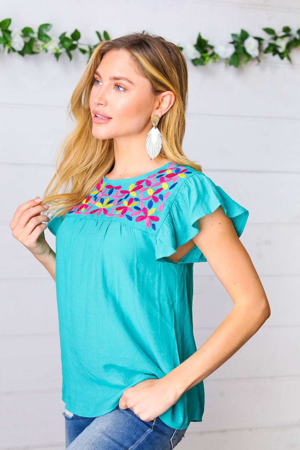 Turquoise Floral Embroidered Flutter Sleeve Blouse Top