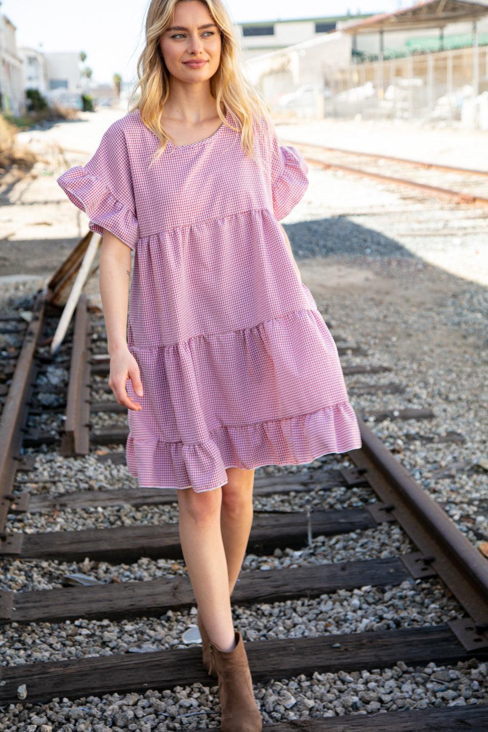 Red Gingham Ruffle Sleeve Tiered Dress - Lavender Latte Boutique