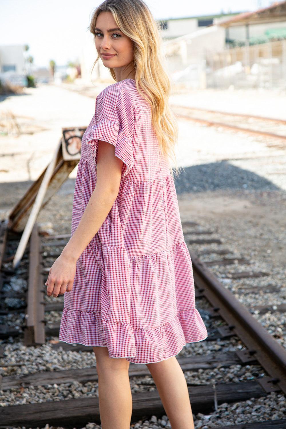 Red Gingham Ruffle Sleeve Tiered Dress - Lavender Latte Boutique