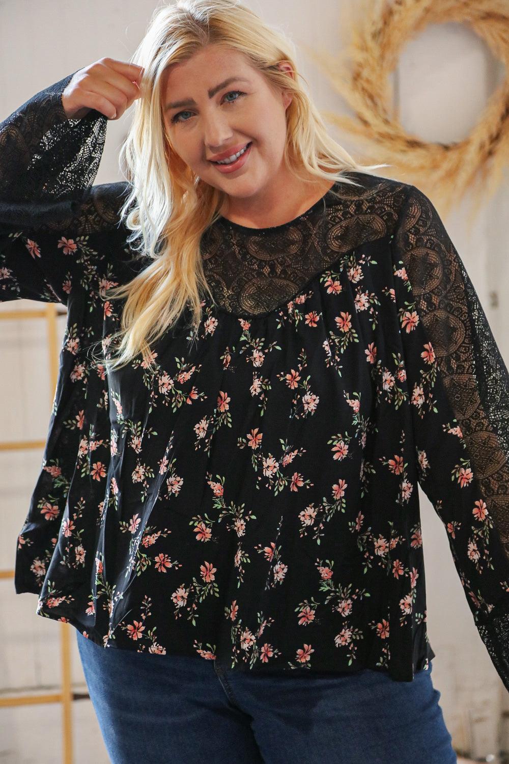 Black Floral Boho Lace Bell Sleeve Blouse Top