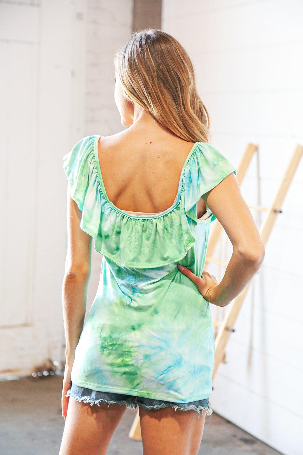 Lime Blue Tie Dye Elastic Ruffle Off Shoulder Top - Lavender Latte Boutique