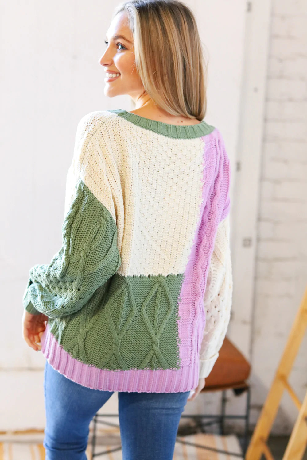 Ivory Green Mauve Color Block Cable Knit Sweater - Lavender Latte Boutique