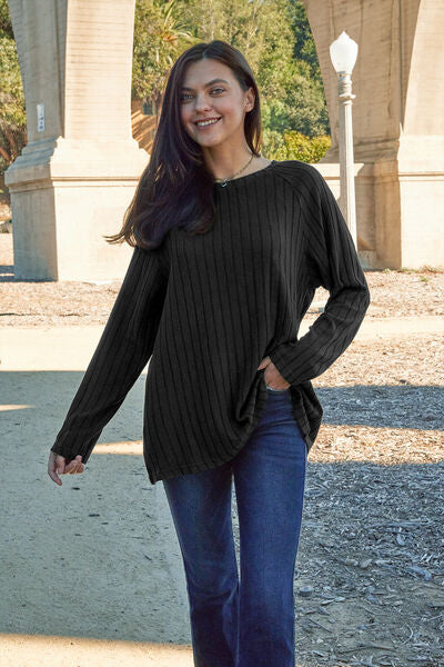 Ribbed Round Neck Long Sleeve Knit Top