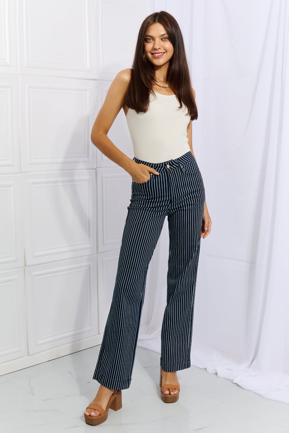 High Waisted Tummy Control Striped Straight Jeans