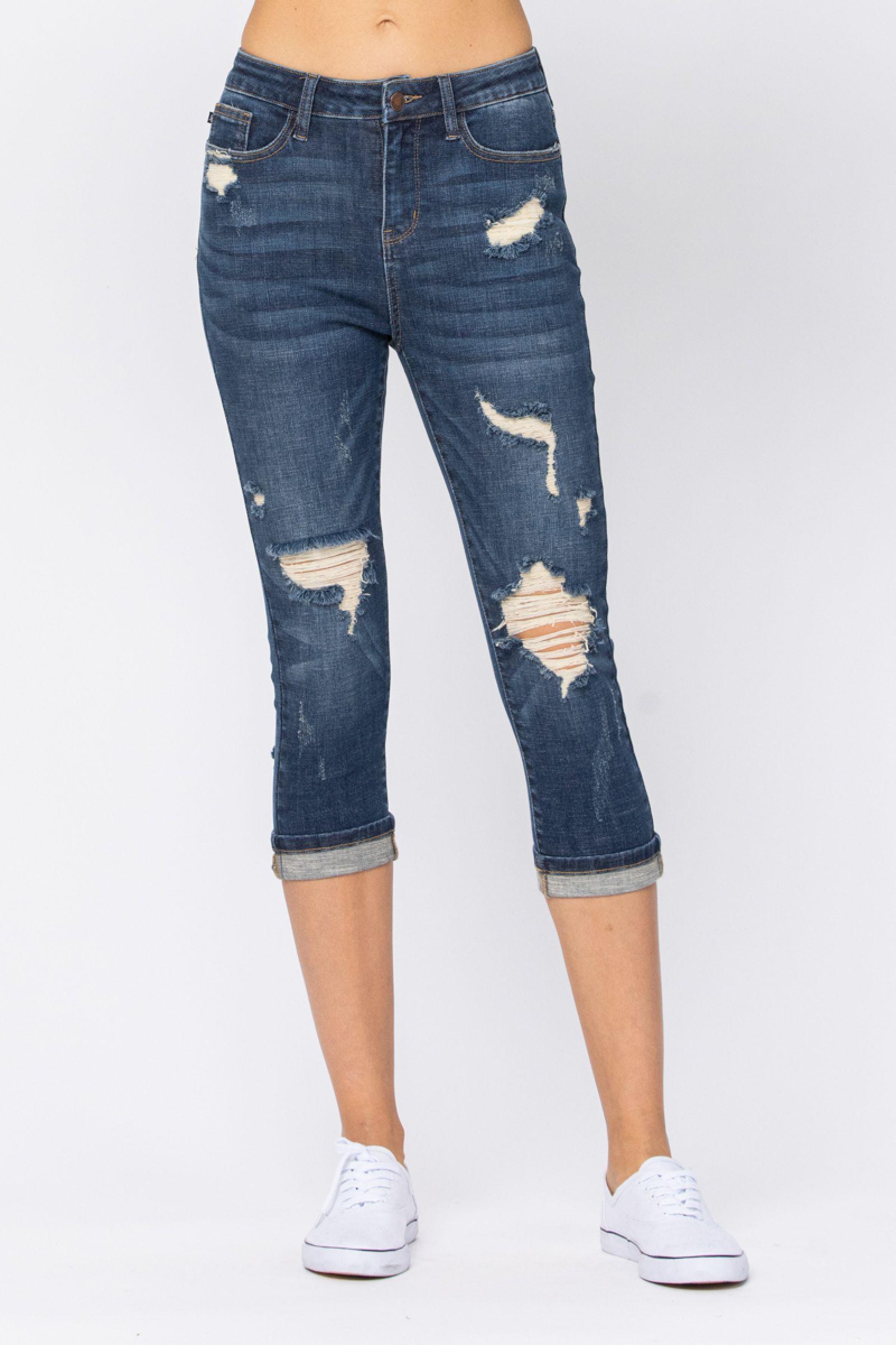 Judy Blue High Rise Cuffed Distressed Capri Jeans - Lavender Latte Boutique