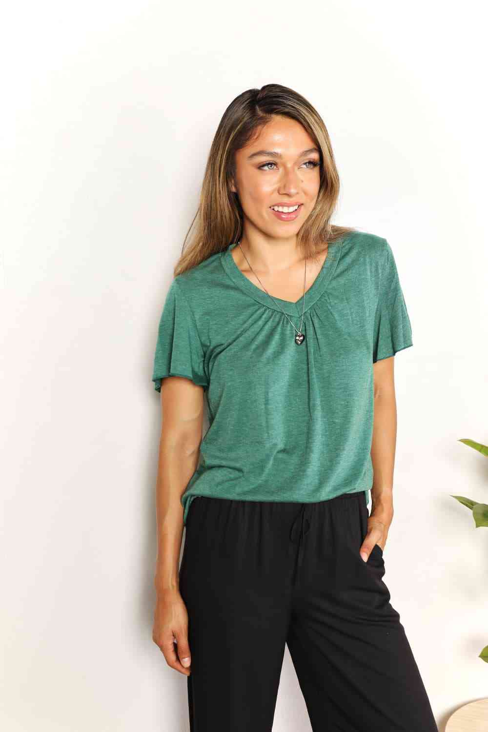 Ruched V-Neck Short Sleeve T-Shirt