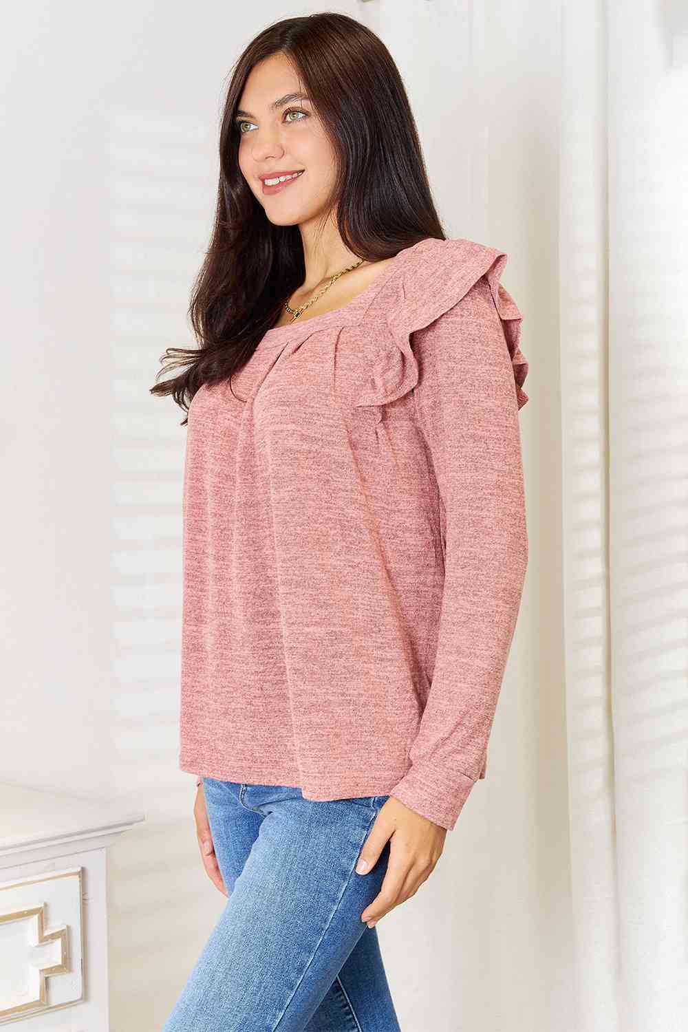 Square Neck Ruffle Shoulder Long Sleeve Top