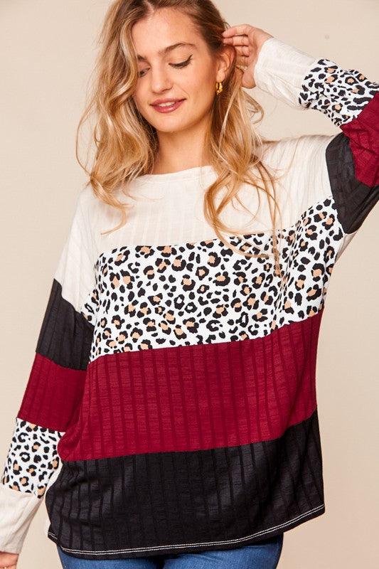 Wine Color Block Leopard Ribbed Top - Lavender Latte Boutique