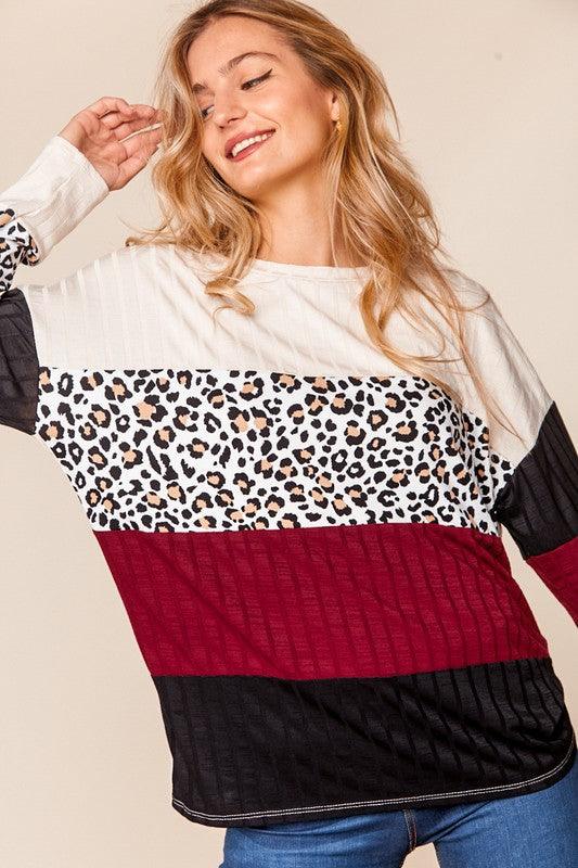 Wine Color Block Leopard Ribbed Top - Lavender Latte Boutique