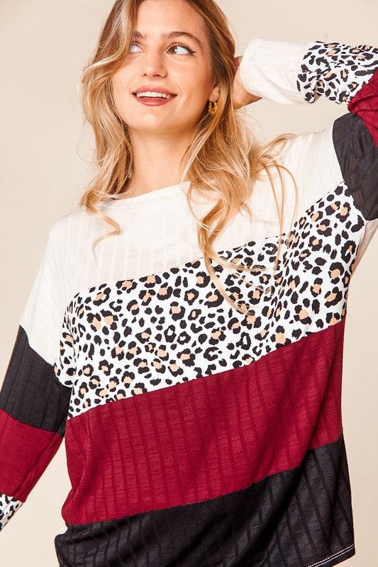 Wine Color Block Leopard Ribbed Top - Lavender Latte Boutique