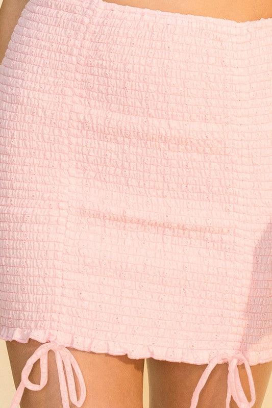 Pink Eyelet Drawstring Smocked Mini Skirt - Lavender Latte Boutique