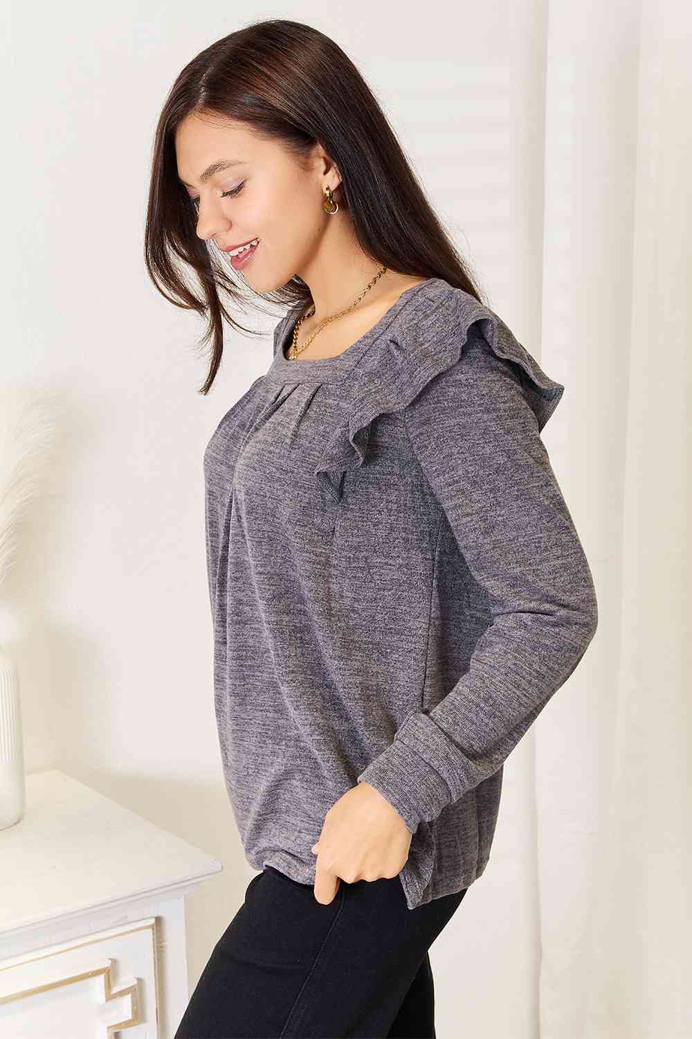 Square Neck Ruffle Shoulder Long Sleeve Top