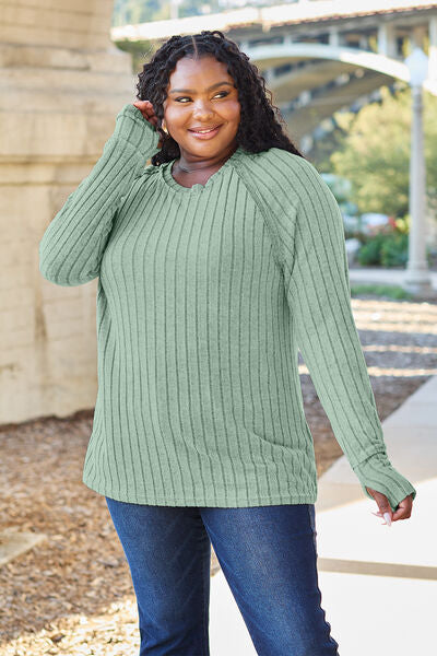 Ribbed Round Neck Long Sleeve Knit Top