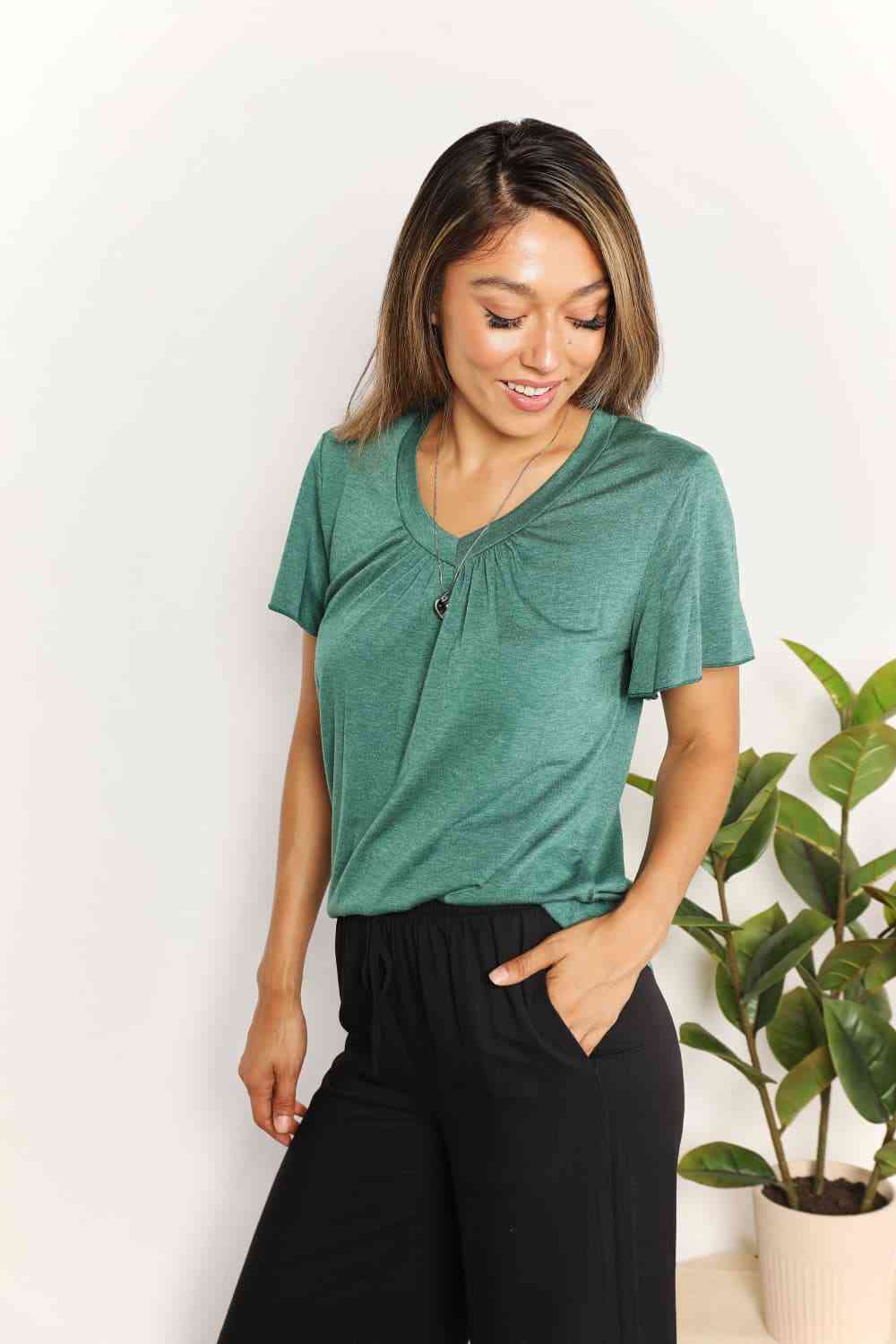 Ruched V-Neck Short Sleeve T-Shirt