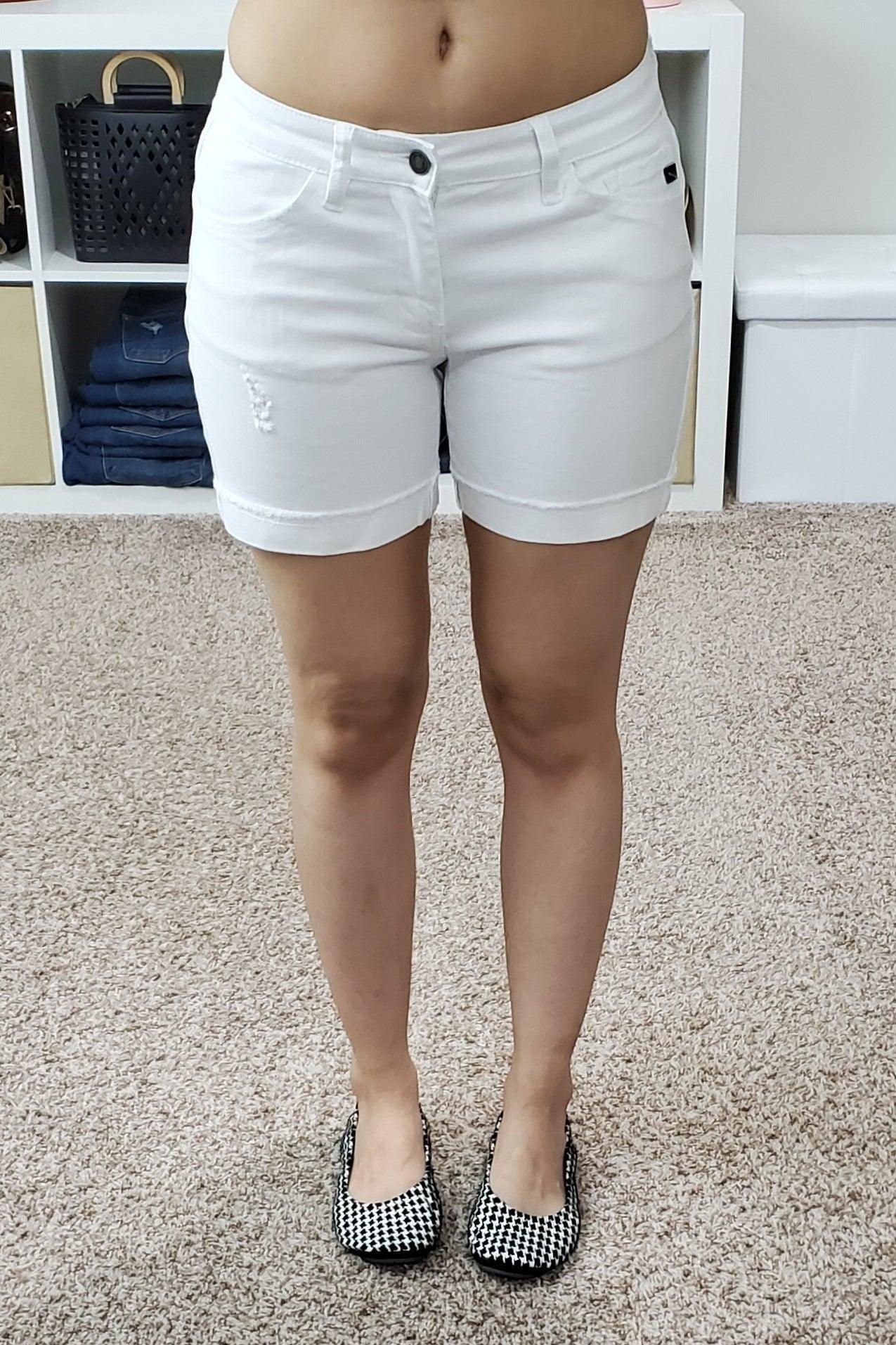 Kancan White Mid Rise 5" Cuffed Denim Shorts - Lavender Latte Boutique