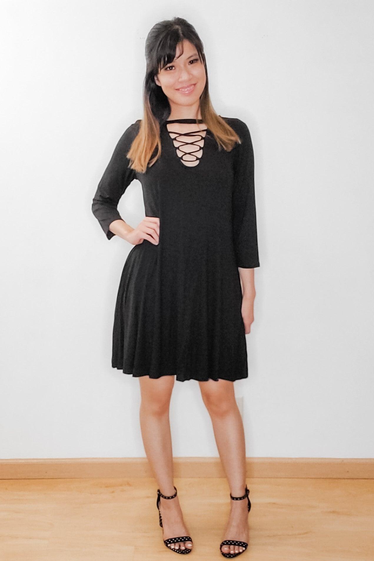 Black Lace Up Swing Dress - Lavender Latte Boutique