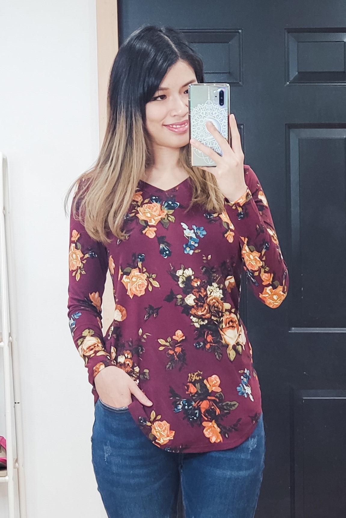 Wine Floral Long Sleeve Top - Lavender Latte Boutique