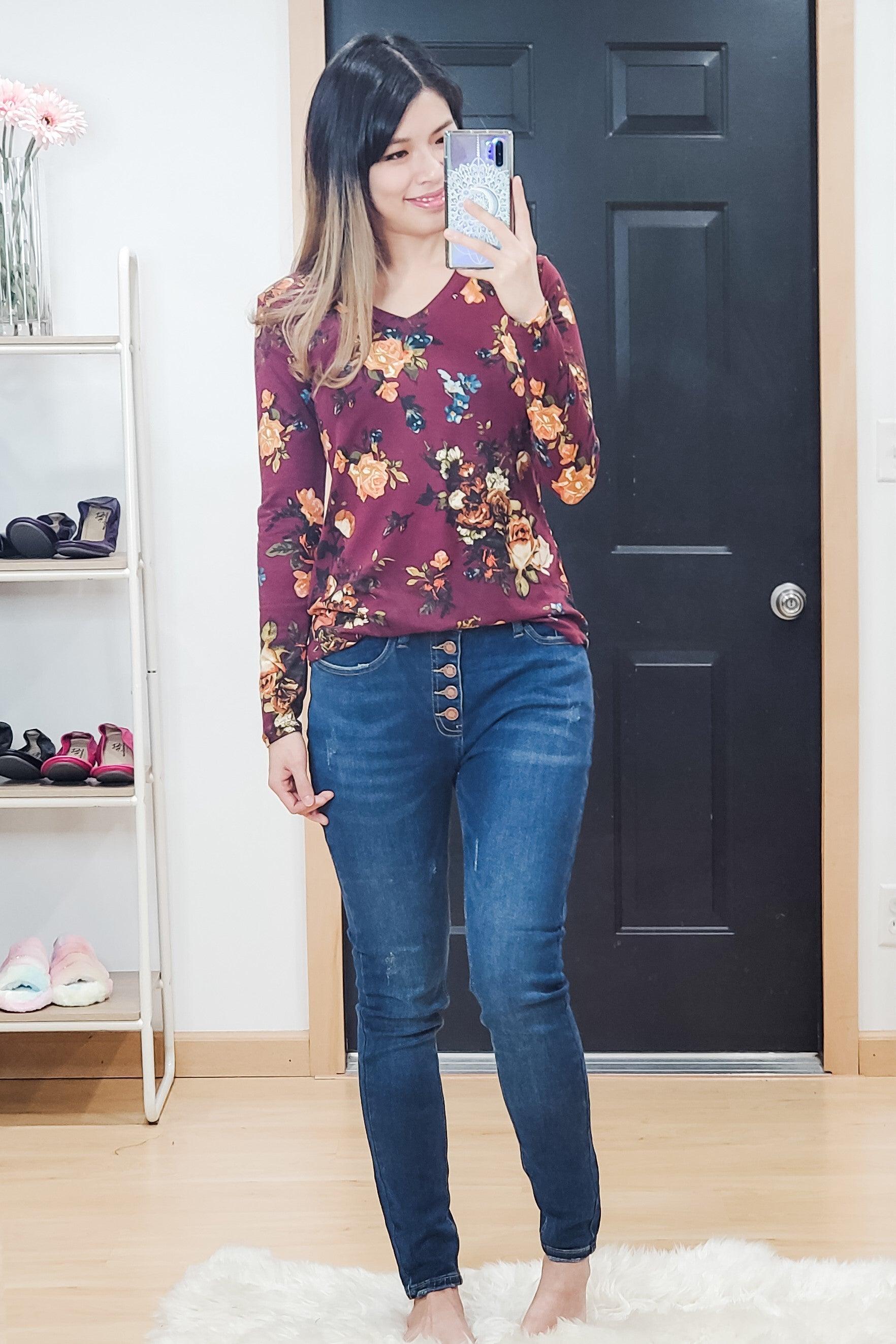 Wine Floral Long Sleeve Top - Lavender Latte Boutique