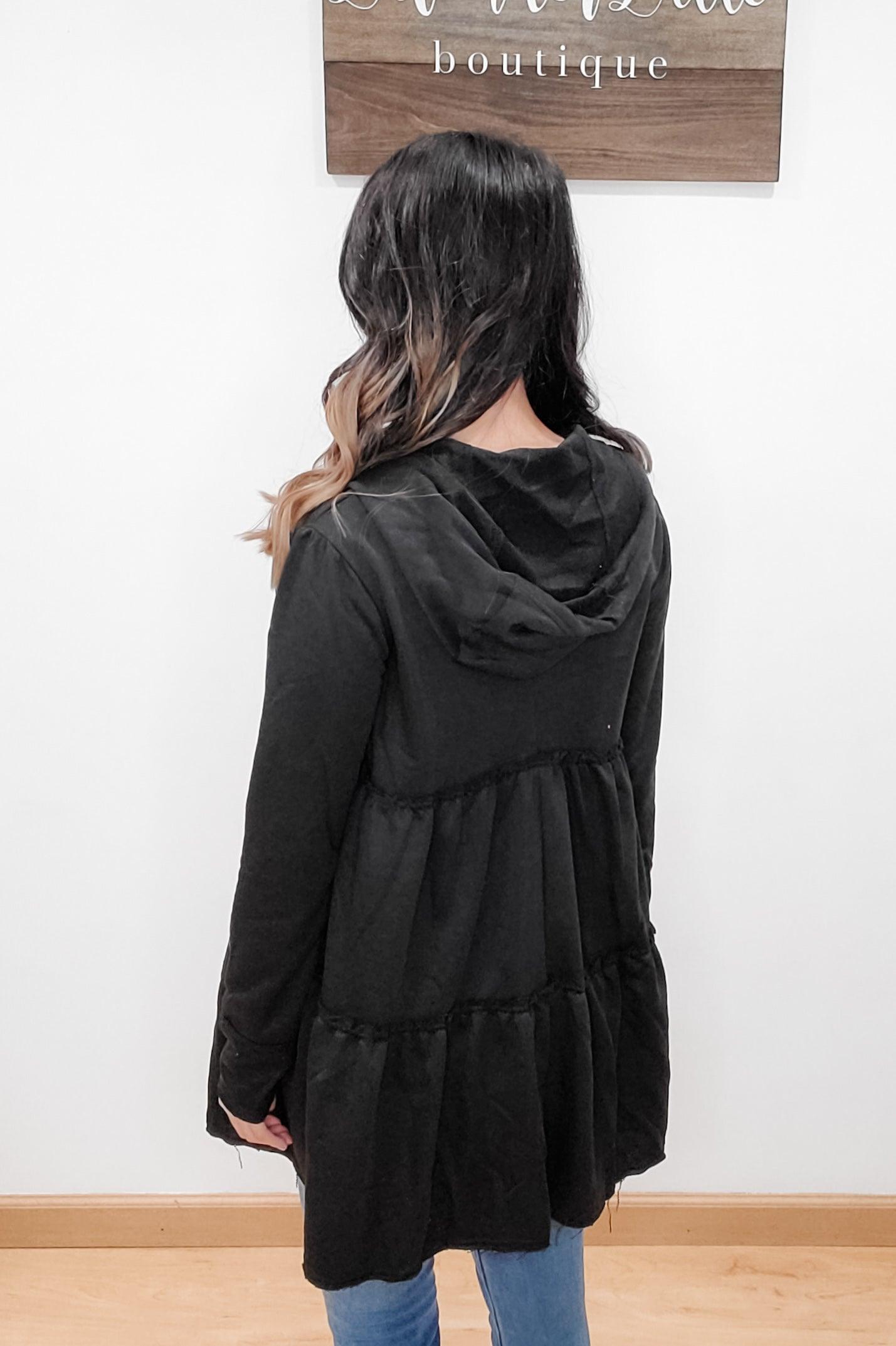 Cloud Nine Black Tiered Ruffle Zip Hoodie - Lavender Latte Boutique