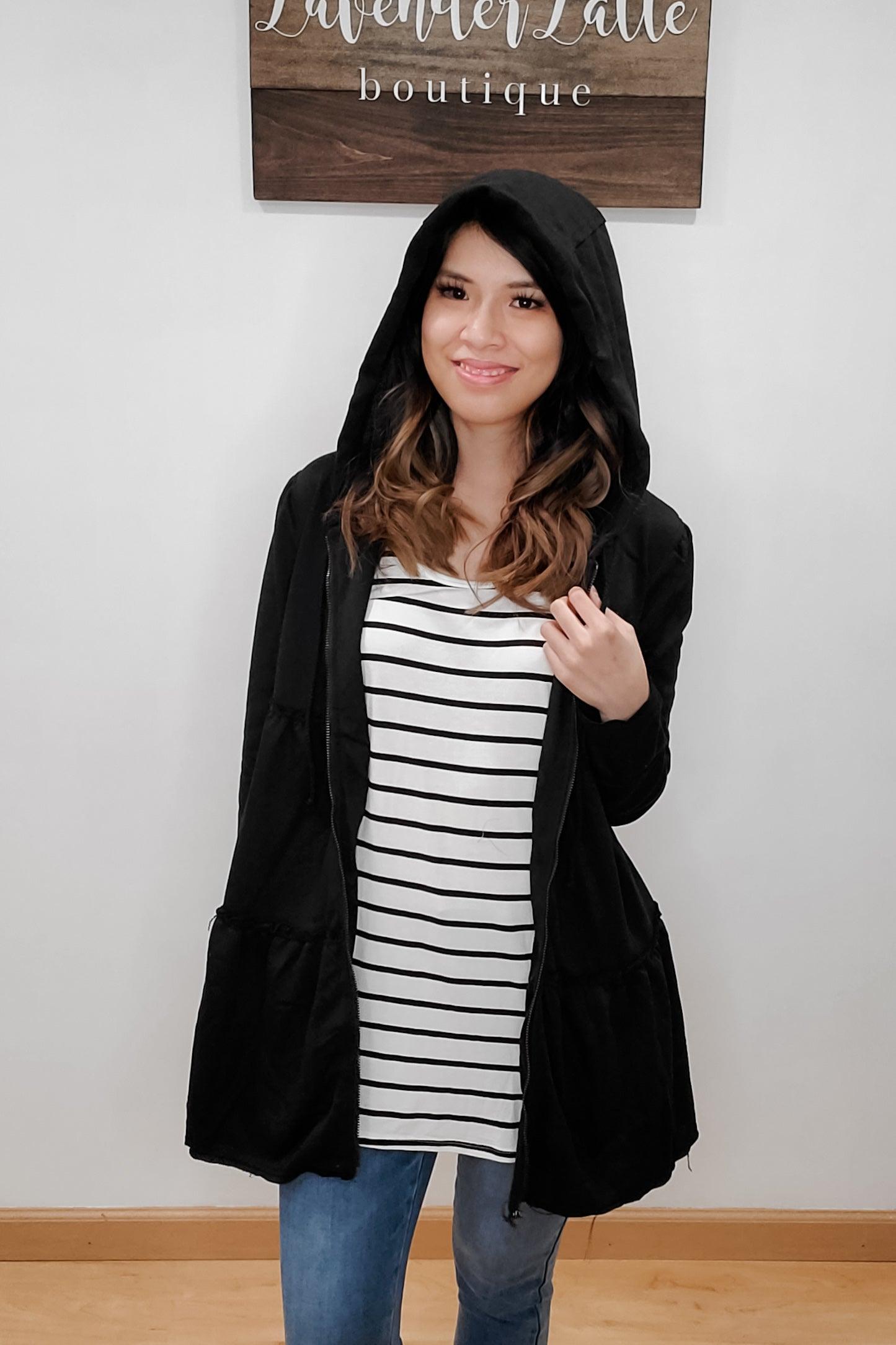 Cloud Nine Black Tiered Ruffle Zip Hoodie - Lavender Latte Boutique