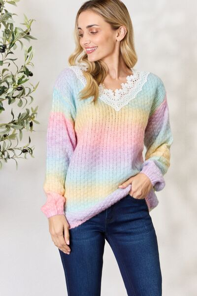 Rainbow Gradient Crochet Detail Sweater