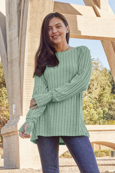 Ribbed Round Neck Long Sleeve Knit Top