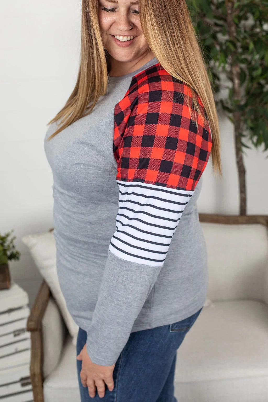 Grey and Buffalo Plaid Accent Sleeve Top - Lavender Latte Boutique