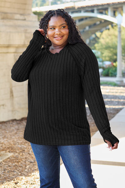 Ribbed Round Neck Long Sleeve Knit Top