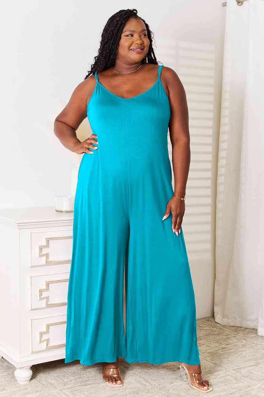 Spaghetti strap store wide leg jumpsuit