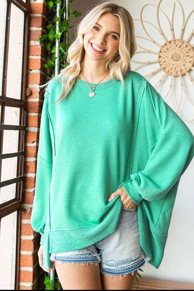 Exposed Seam Round Neck Dropped Shoulder Blouse