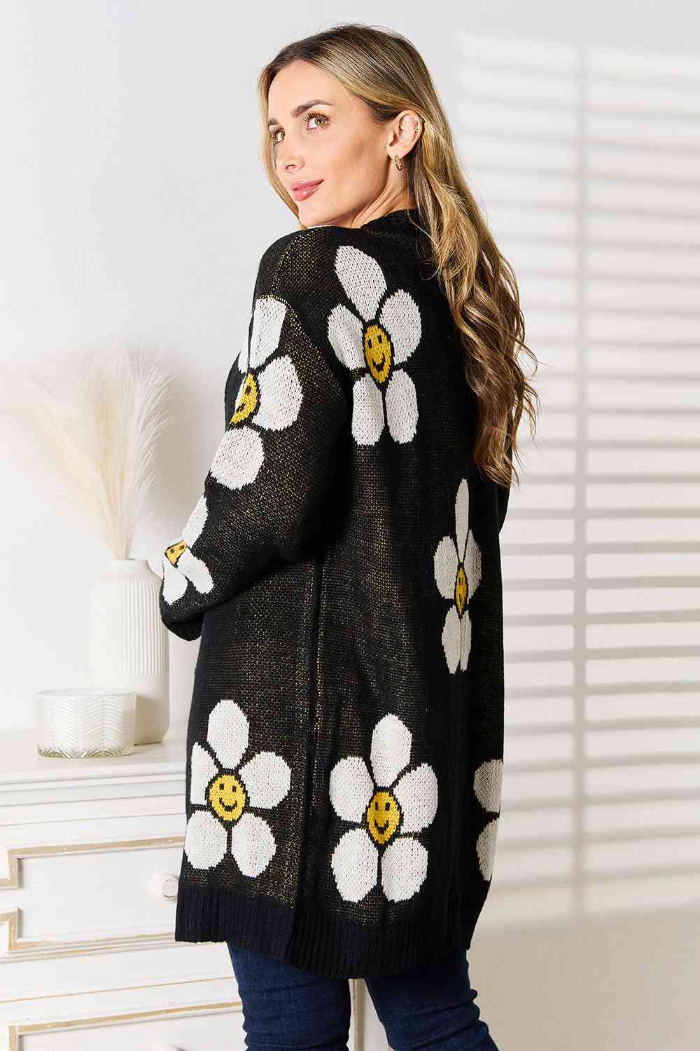 Smiley Face Flower Button Down Longline Cardigan – Lavender Latte