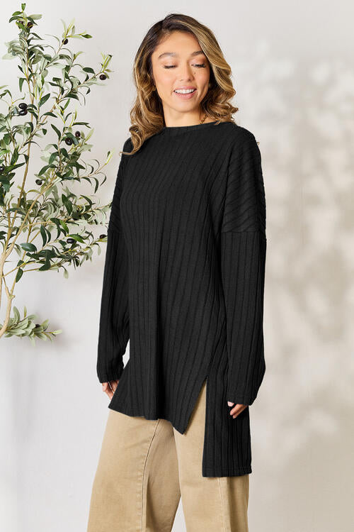 Ribbed Round Neck Long Sleeve Slit Top