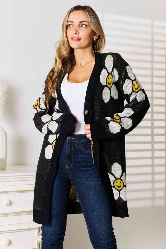 Smiley Face Flower Button Down Longline Cardigan