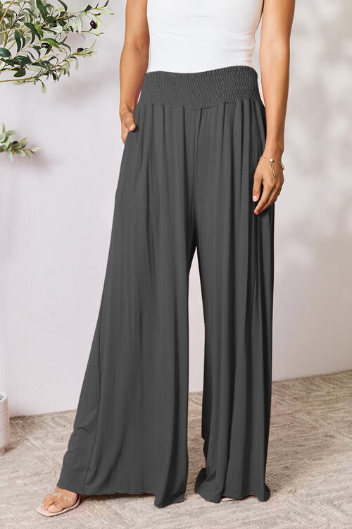 Smocked Wide Waistband Wide Leg Pants