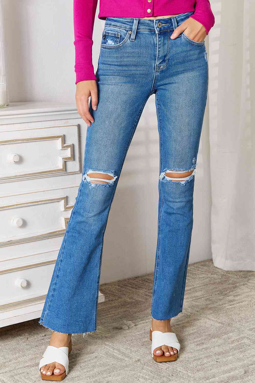 Distressed Raw Hem Bootcut Jeans