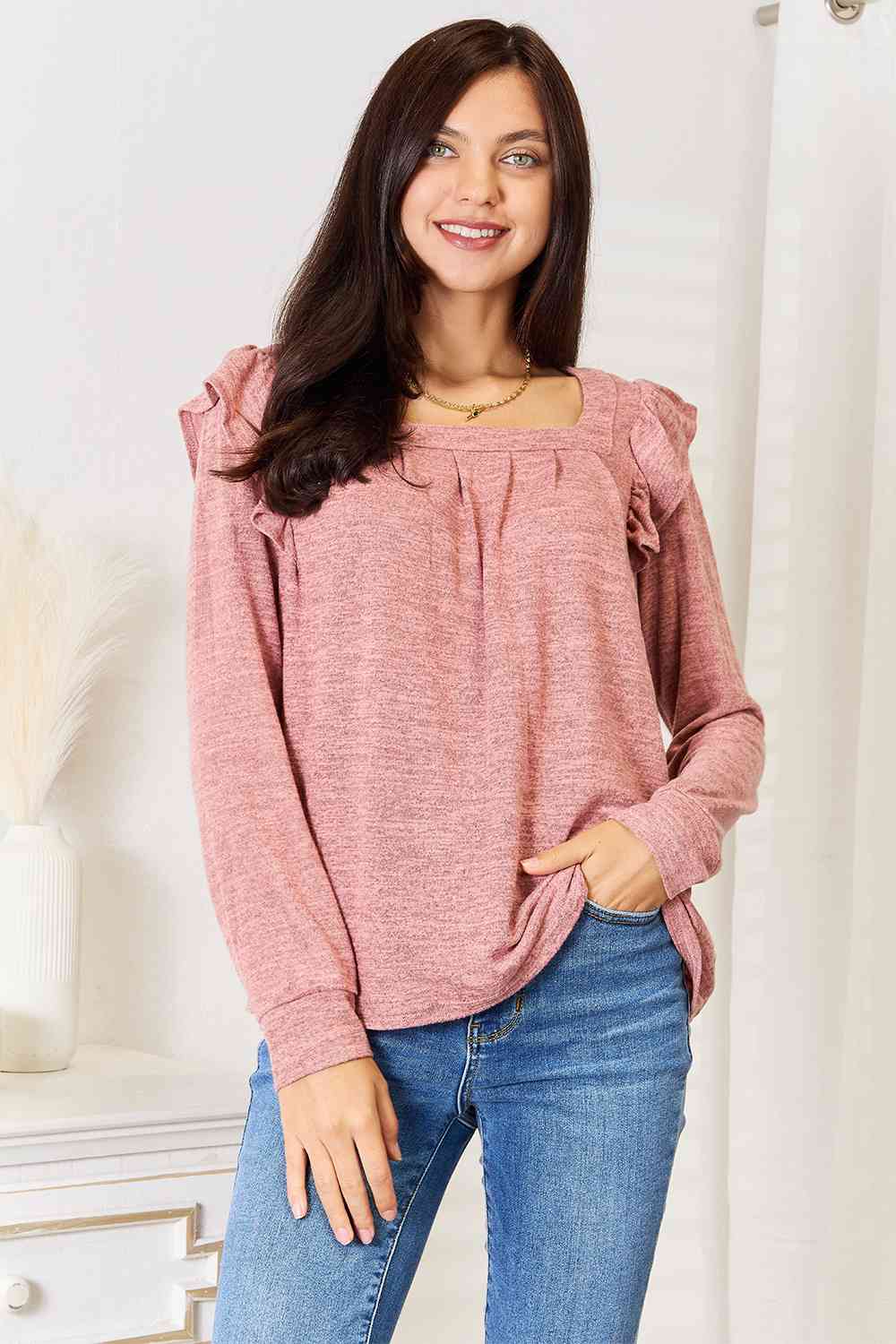 Square Neck Ruffle Shoulder Long Sleeve Top