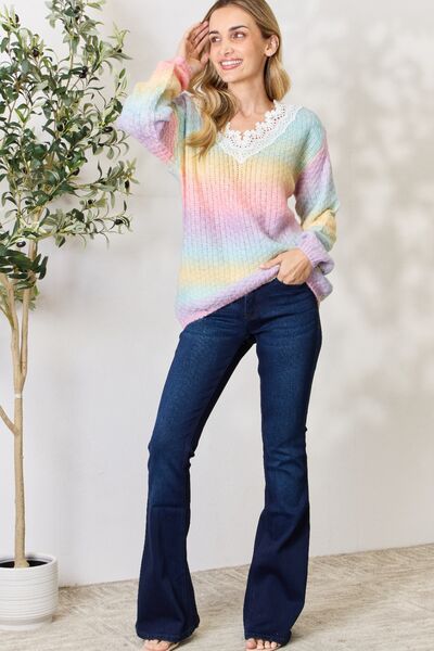 Rainbow Gradient Crochet Detail Sweater