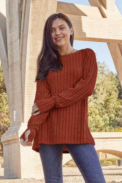 Ribbed Round Neck Long Sleeve Knit Top