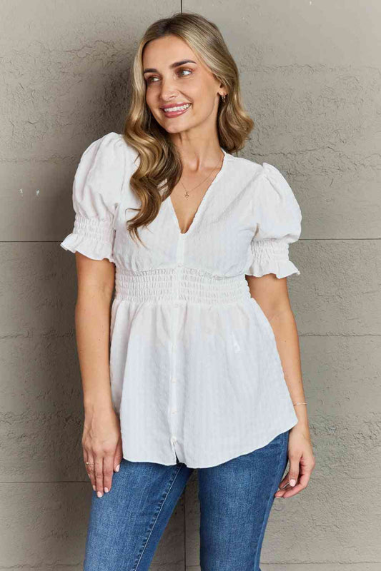 V-Neck Puff Sleeve Button Down Top