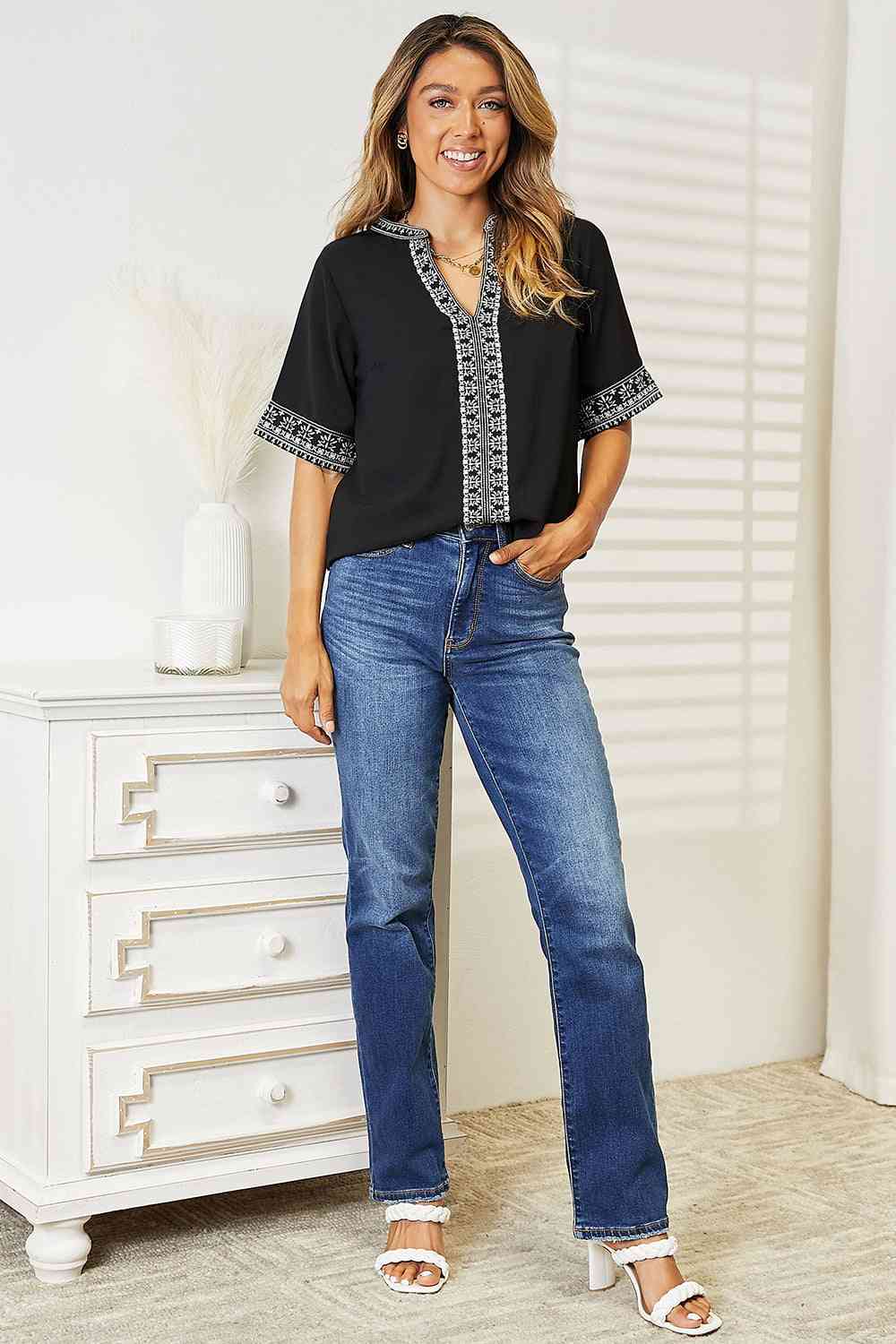 Embroidered Notched Neck Top